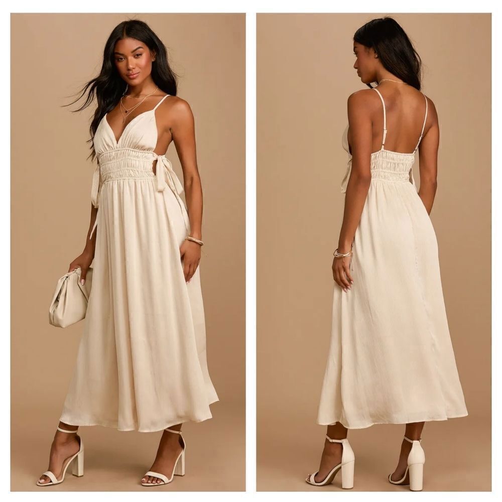 Lulus Sunny Season Cream Sleeveless Side-Tie Midi Dress